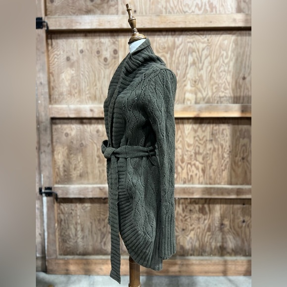 Halogen Cashmere Wool Crocheted Knit Wrap Cardigan – Olive Green Shawl Collar L - Picture 8 of 16